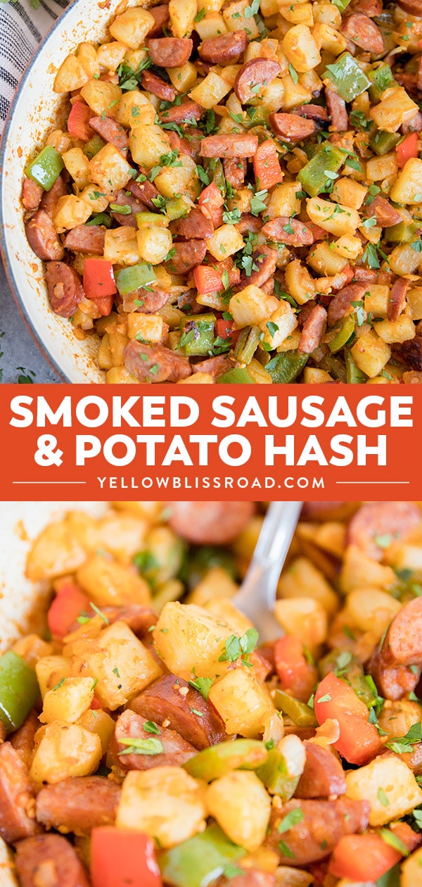 Smoked sausage and potato hash recipe collage of photos.