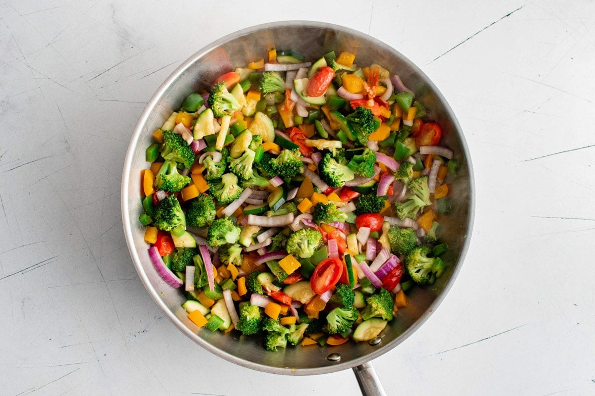 Mixed vegetables in a skillet.