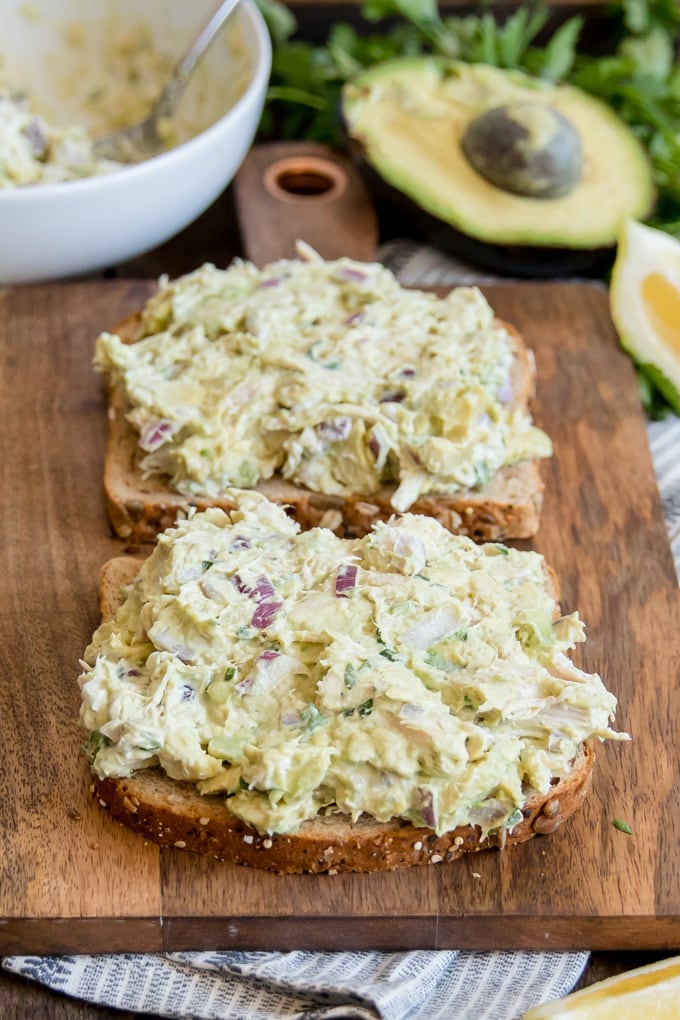 Avocado chicken salad on sliced bread