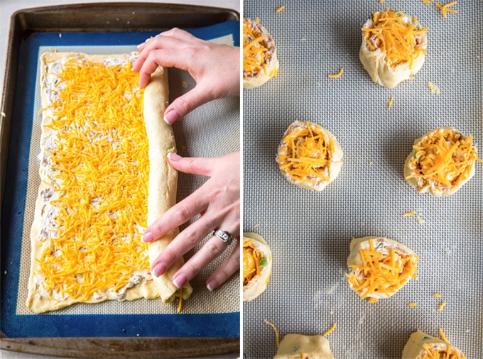 rolling up jalapeno pinwheels to bake