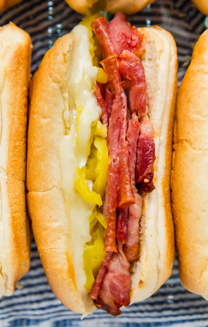 A close up shot of a sub sandwich.