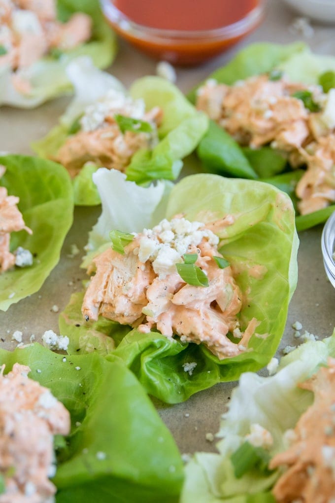 Close up of buffalo chicken salad lettuce wraps