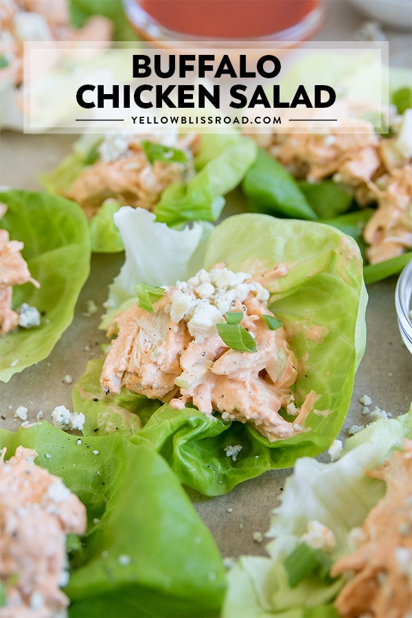 Buffalo chicken salad in a lettuce wrap. A pinnable image with text overlay.