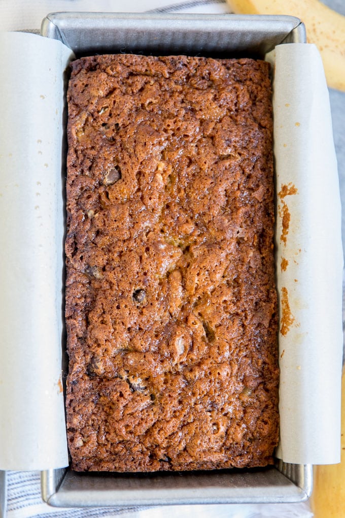 A loaf of chocolate chip banana bread from overhead
