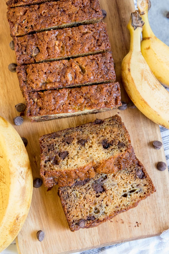 Banana bread with chocolate chips, sliced and shot from overhead.