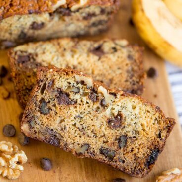 A piece of chocolate chip banana bread