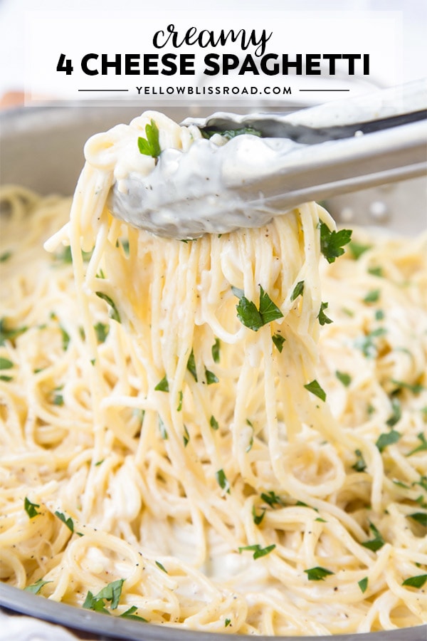 This Four Cheese Spaghetti is ultra creamy and garlicky. It comes together in under 20 minutes, making it a perfect weeknight meal. Four Cheese Spaghetti title pin