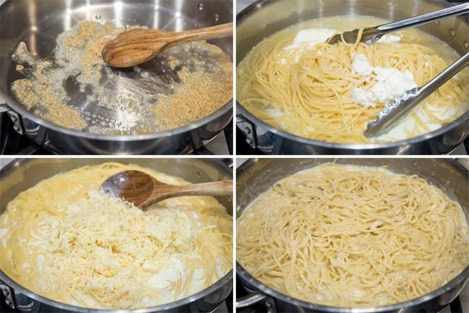4 photo collage showing the steps to make 4 cheese spaghetti