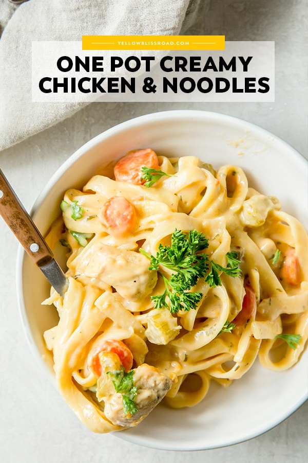 One Pot Creamy Chicken and Noodles recipe with text overlay