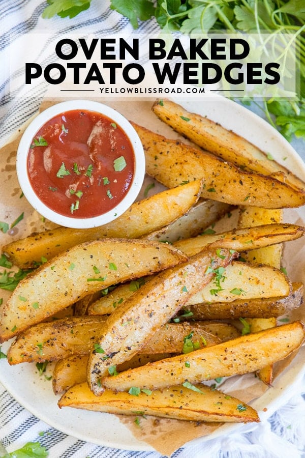 Easy Baked Potato Wedges on a plate with title text