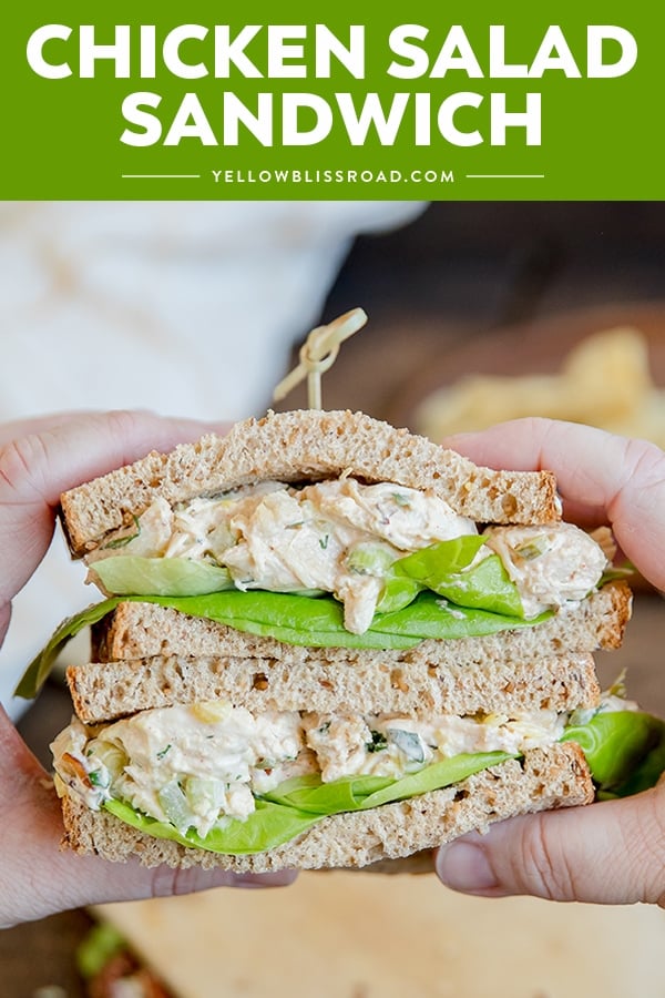 Chicken salad sandwich pinnable image with text overlay.