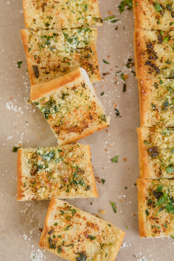 Sliced garlic bread from overhead