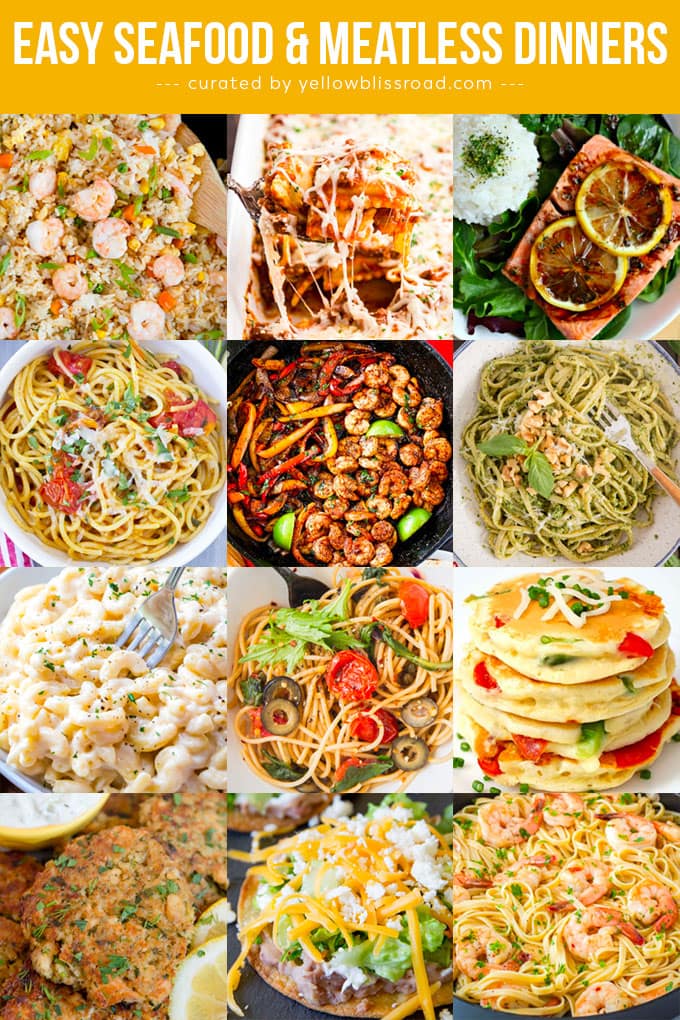 A collage of images of seafood and meatless dinners