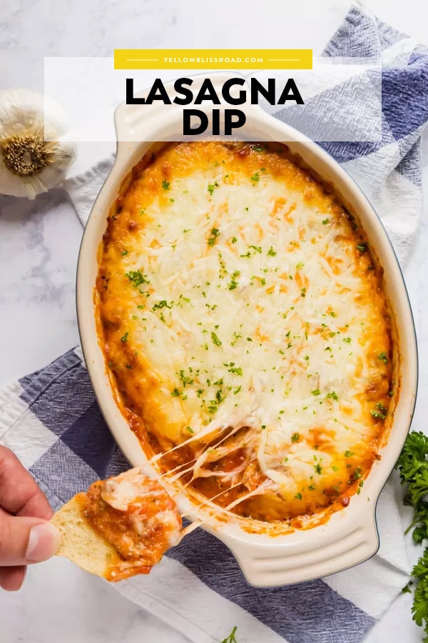 Lasagna Dip with crostini and text overlay