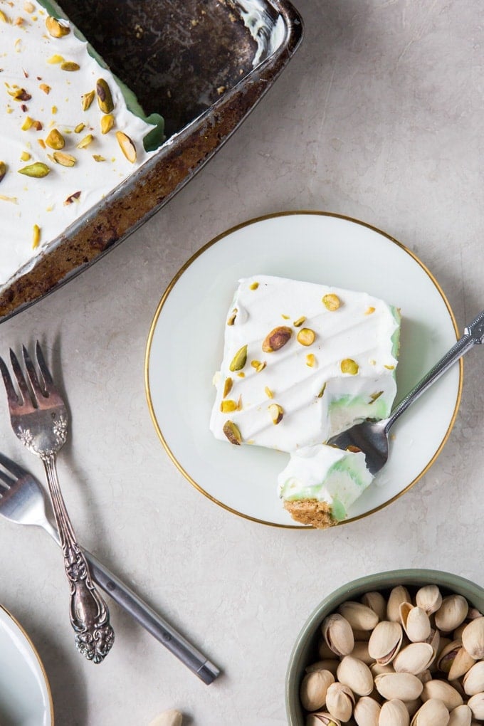 Pistachio pudding cake on a plate