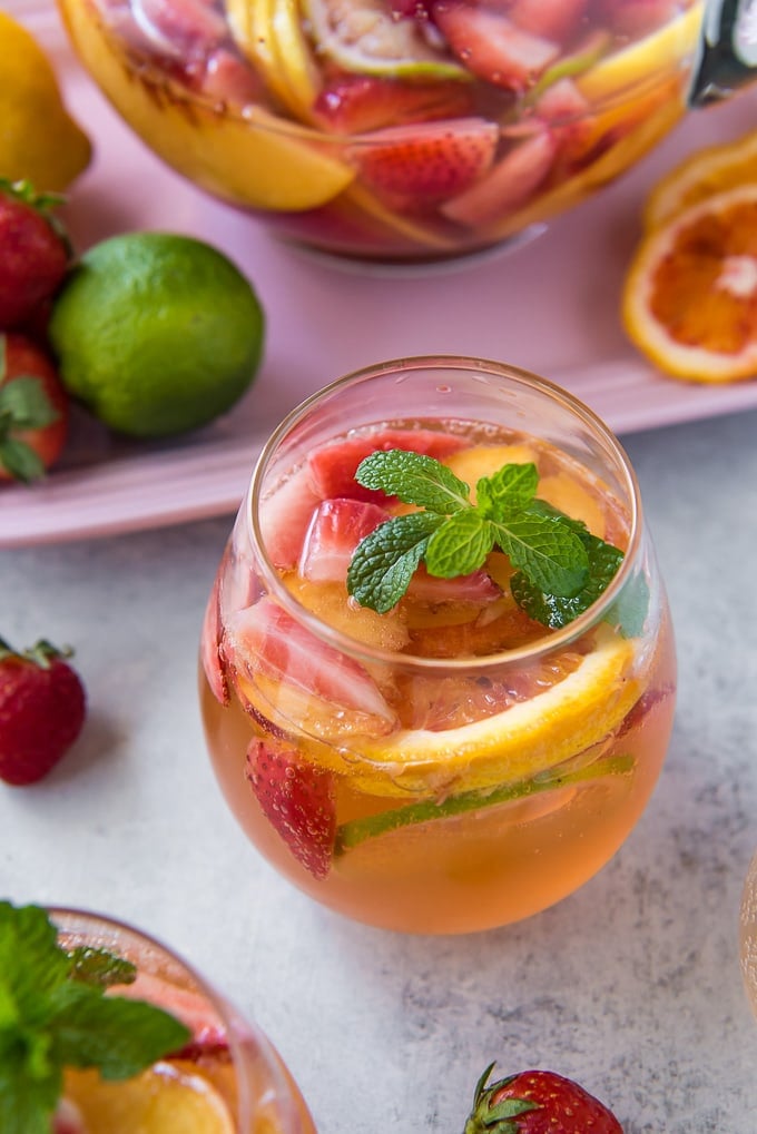 White Sangria with fruit overhead shot