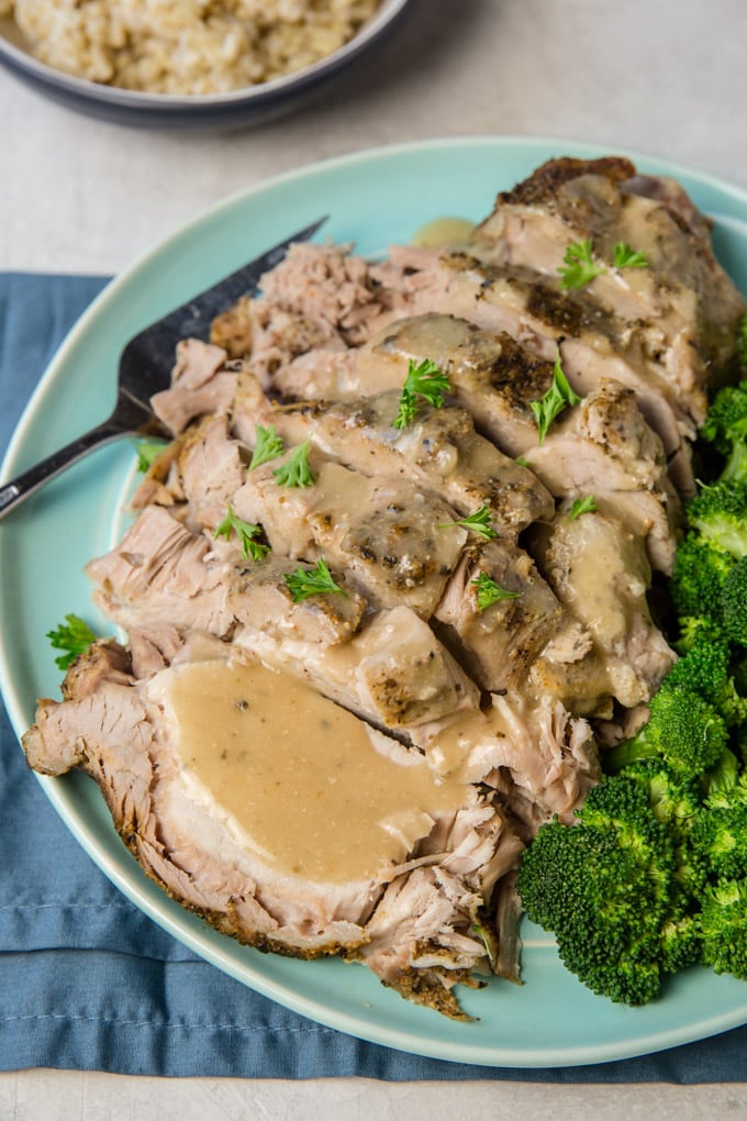 Crock Pot Pork Roast with gravy, rice and broccoli