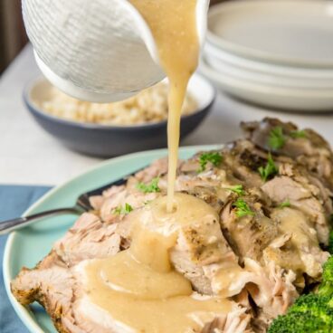 A plate of sliced Pork Roast with gravy