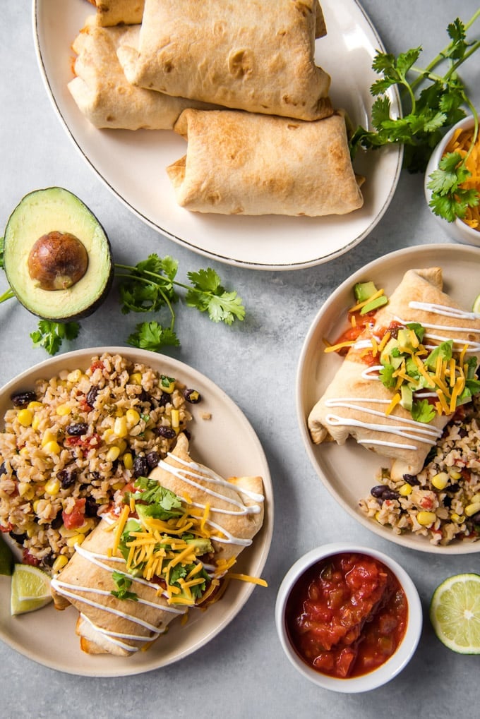 An overhead shot of baked chimichangs