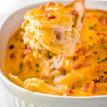Dish of scalloped potatoes with ham