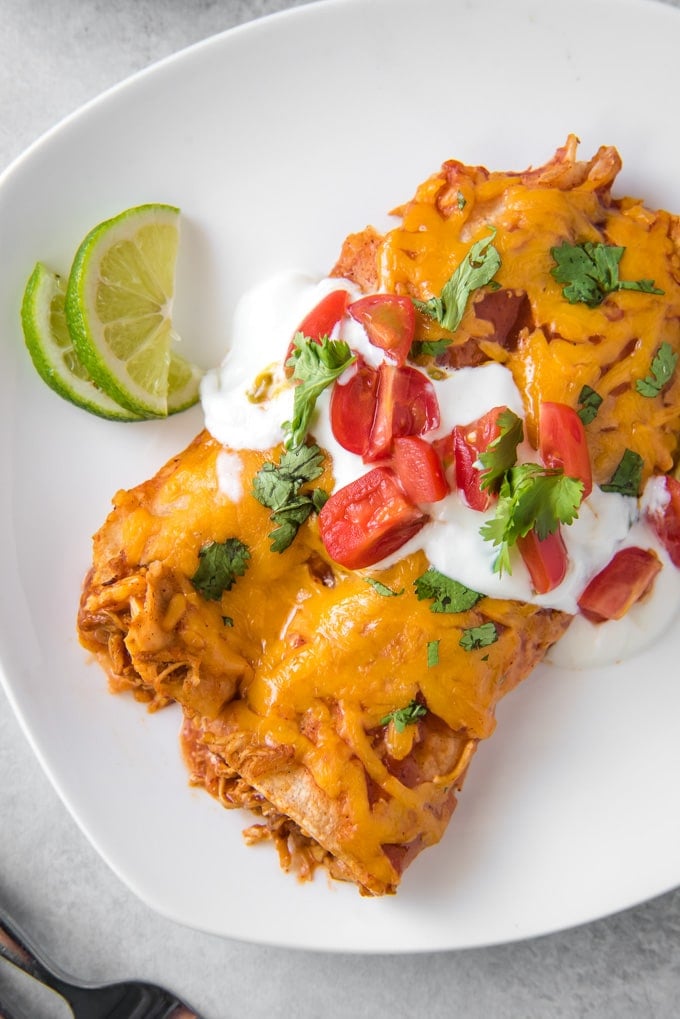 Two chicken enchiladas on a white plate