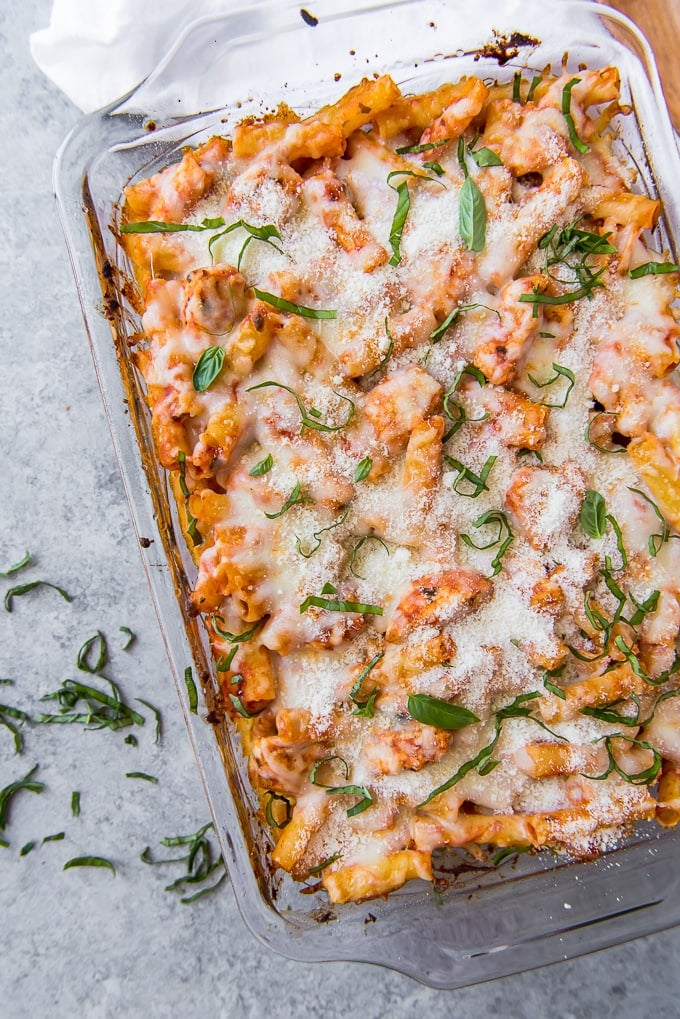 An overhead shot of a chicken parmesan baked ziti casserole