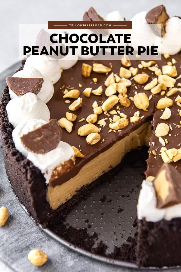 Peanut butter pie with a slice taken out of it. Title text overlay