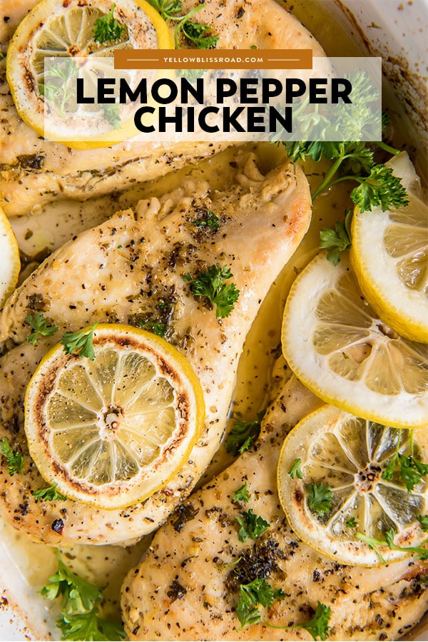 An image of baked chicken with lemon pepper that has the title of the recipe written on it.