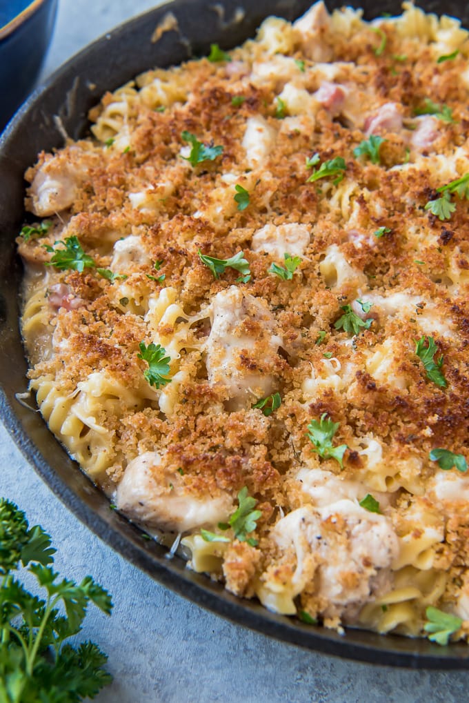 A pan filled with Cordon Bleu Chicken and Pasta