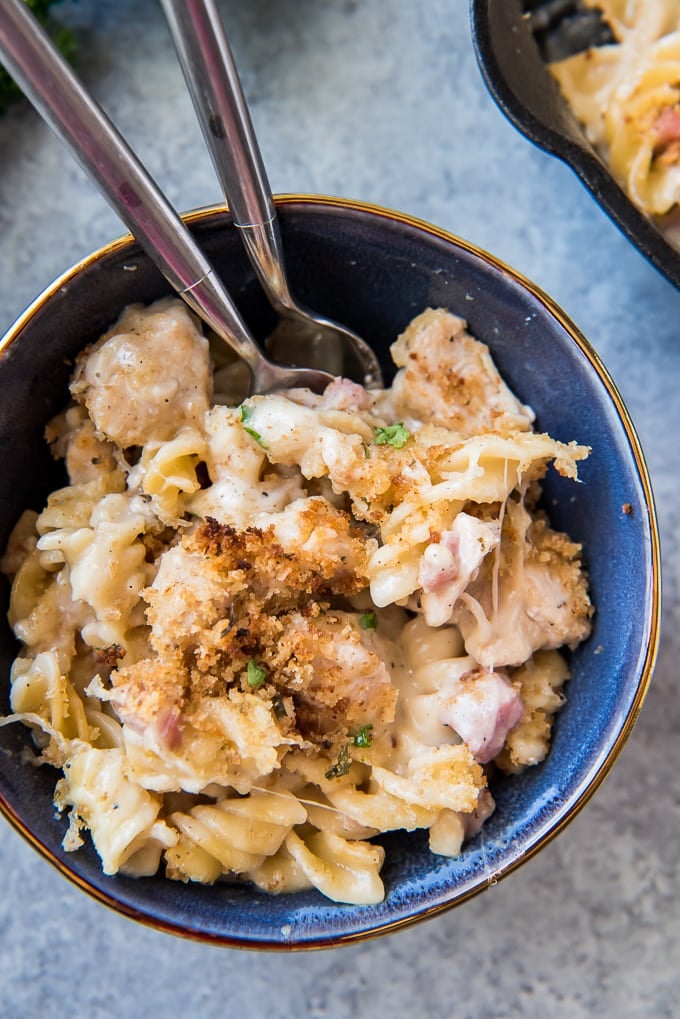 A bowl of cordon bleu chicken pasta