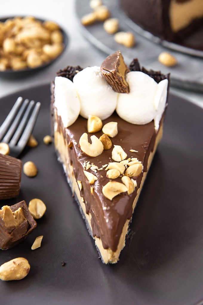 A slice of peanut butter pie with chocolate crust