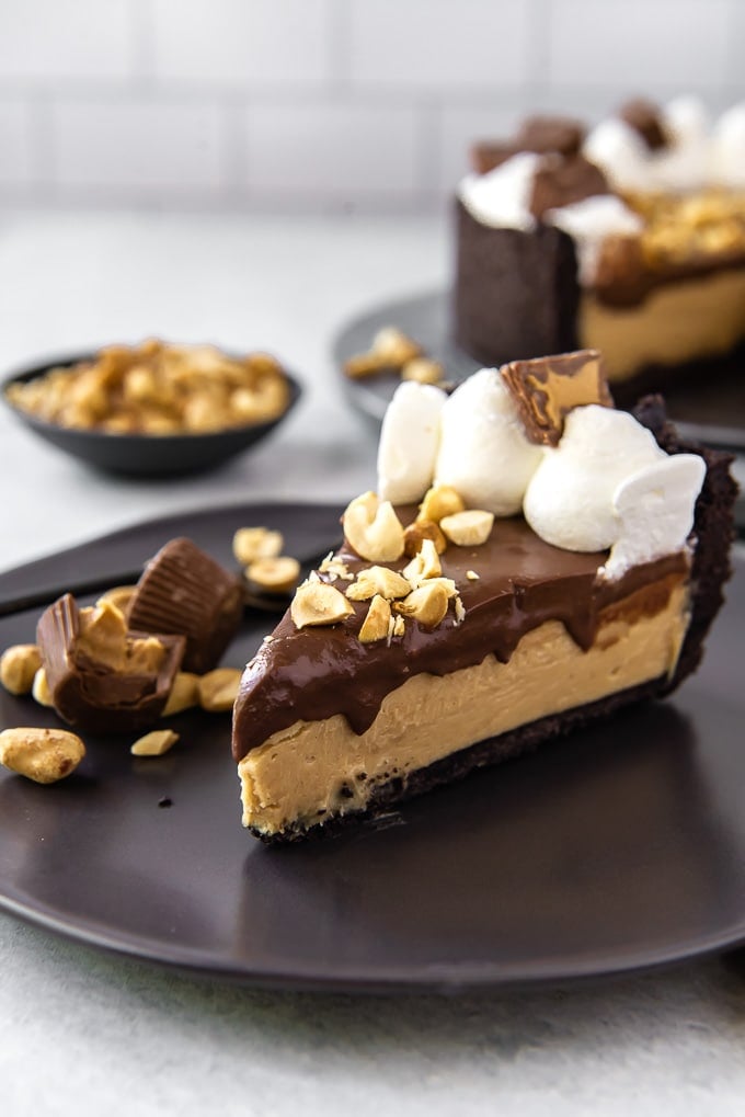 A slice of peanut butter pie on a plate