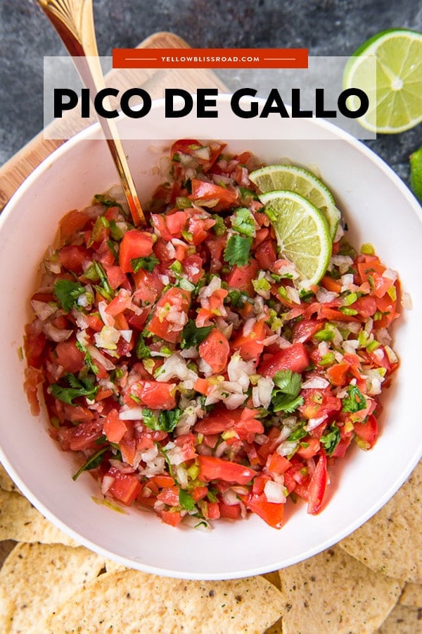Pico de Gallo recipe pinnable image of salsa in a bowl with text overlay