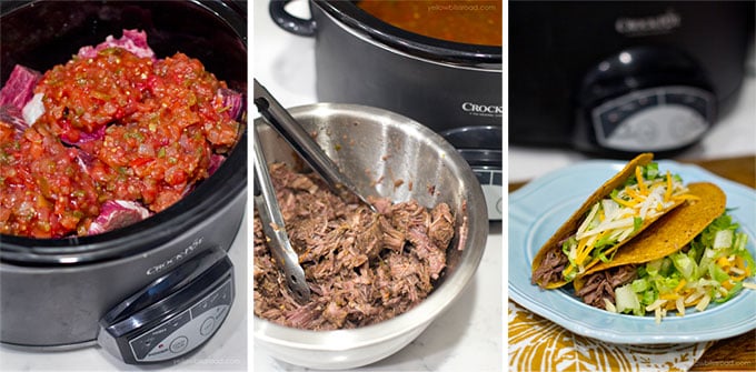 A collage of 3 images showing the steps for making slow cooker mexican beef