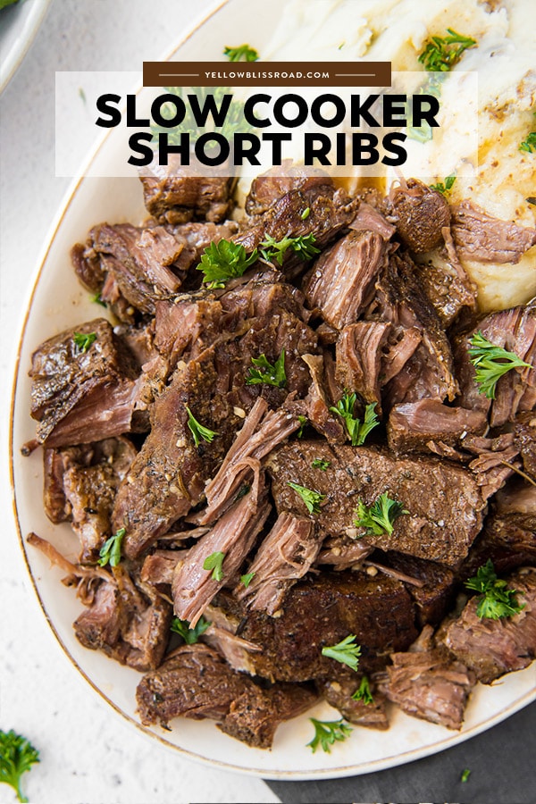 A pinterest friendly image of slow cooker short ribs with text overlay