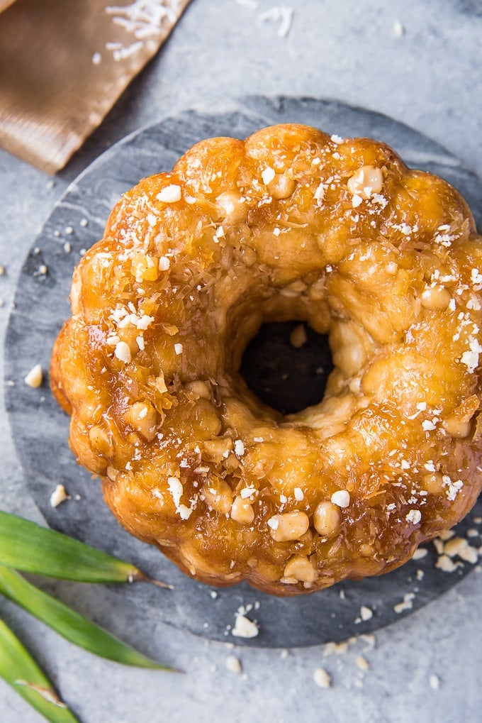 An overhead shot of a loaf of hawaiian monkey bread.