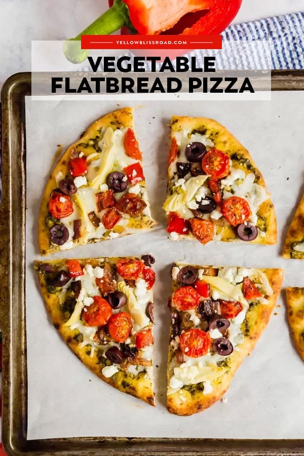 Vegetable Flatbread Pizza sliced, with text overlay