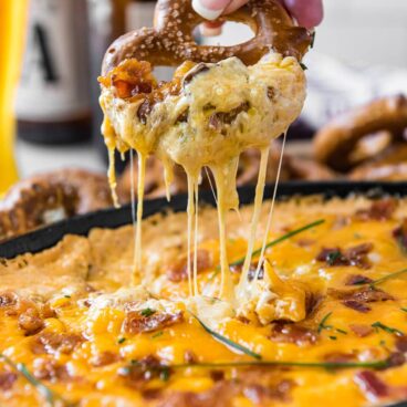 Social media image of Bacon Beer Cheese Dip and a pretzel