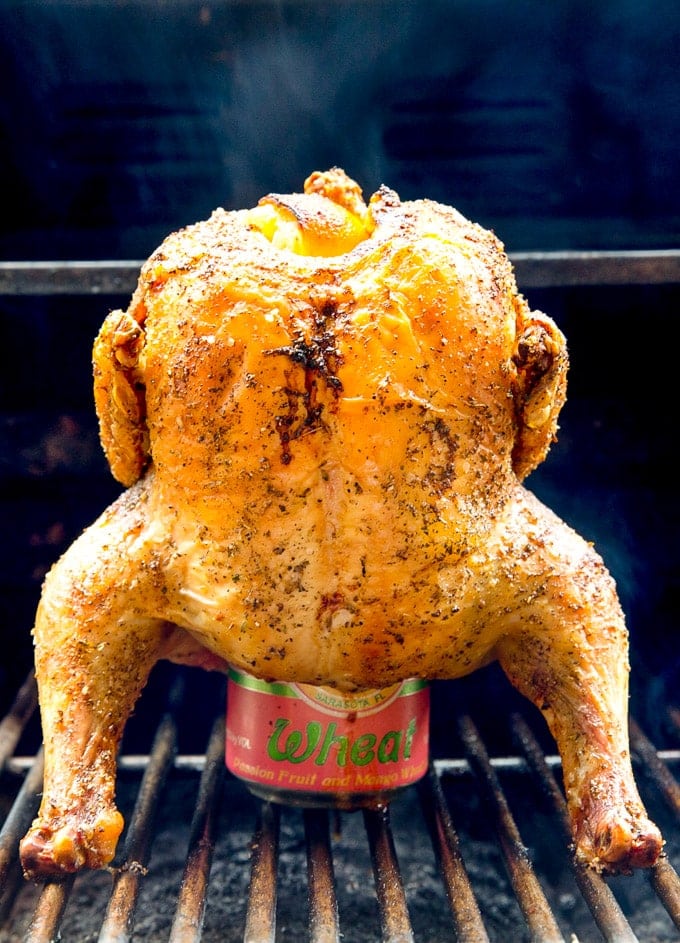 Social media image of whole chicken on a beer can on a grill
