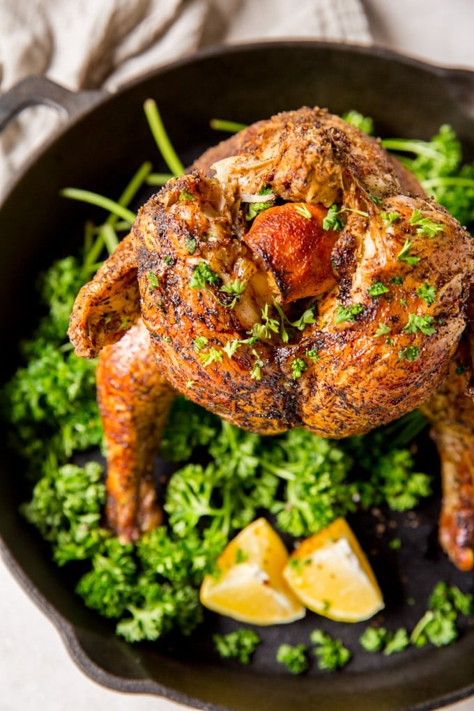 The top of a chicken sitting on a beer can that's been cooked on the grill | beer can chicken