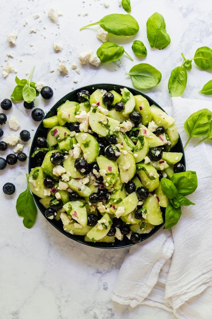 An overhead image of a bowl of this cucumber salad recipe