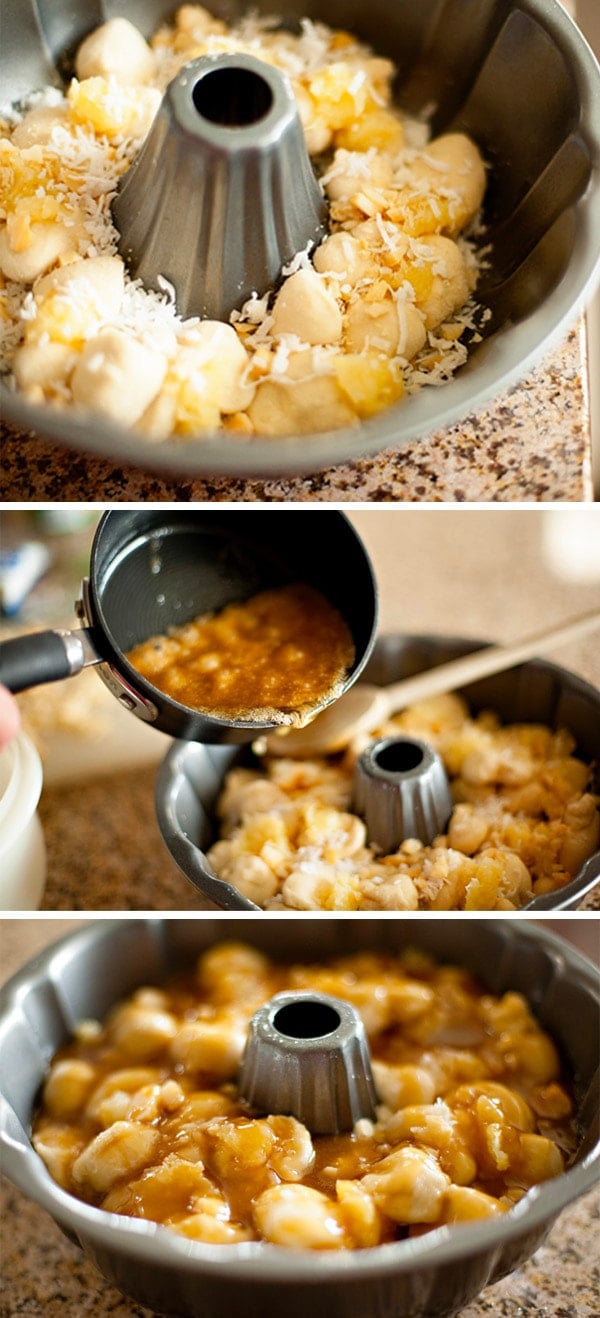 3 photo collage with images of the steps to make monkey bread
