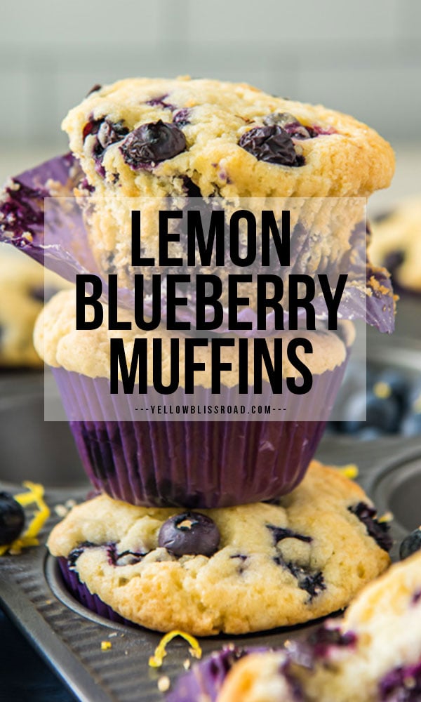 Lemon Blueberry Muffins stacked on top of each other. Pinterest friendly text overlay.