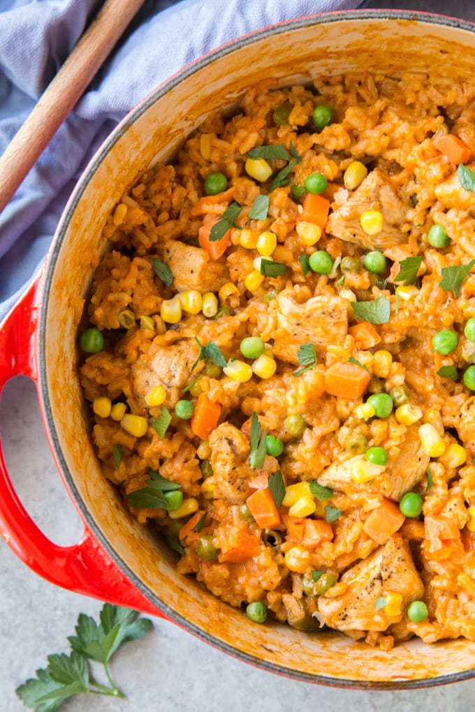 A large pot of mexican chicken and rice