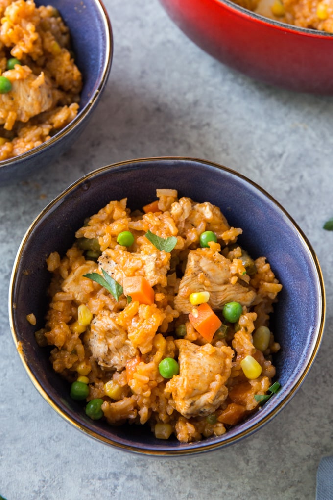 A bowl with a serving of mexican chicken and rice