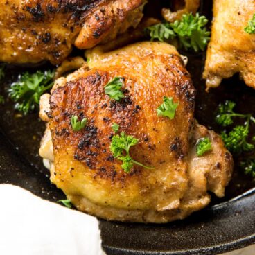 Social media image of pan roasted chicken thighs.