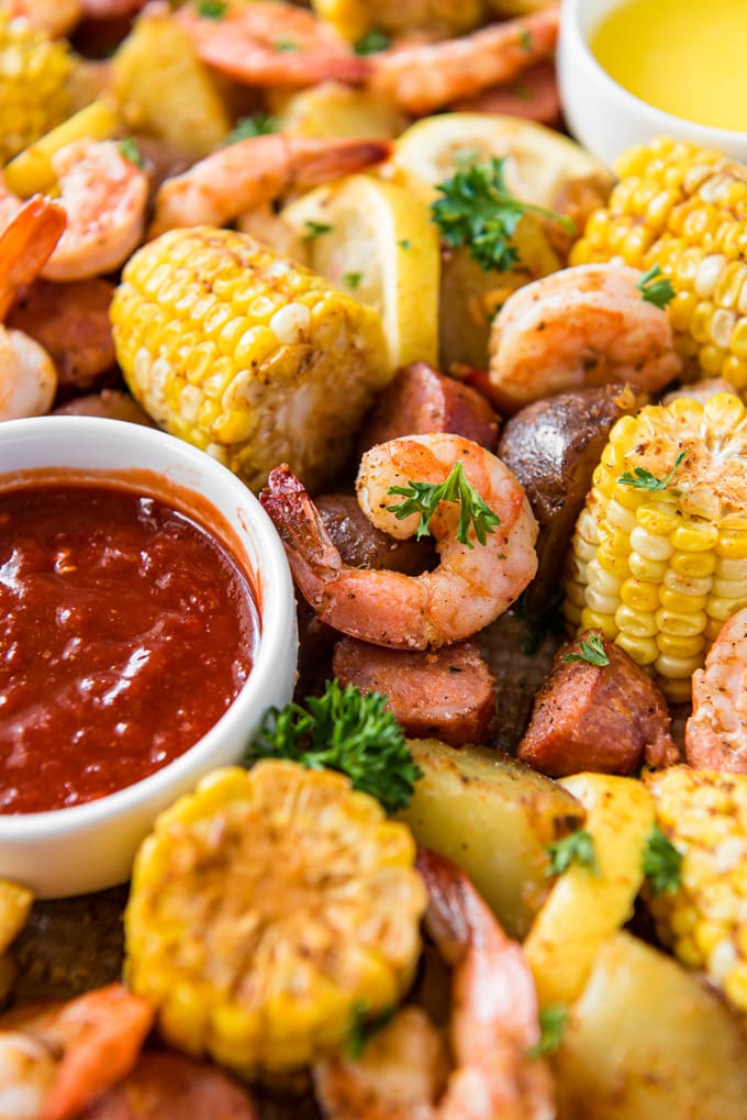 Sheet pan shrimp boil - a sheet pan with shrimp, corn, sausage and potatoes