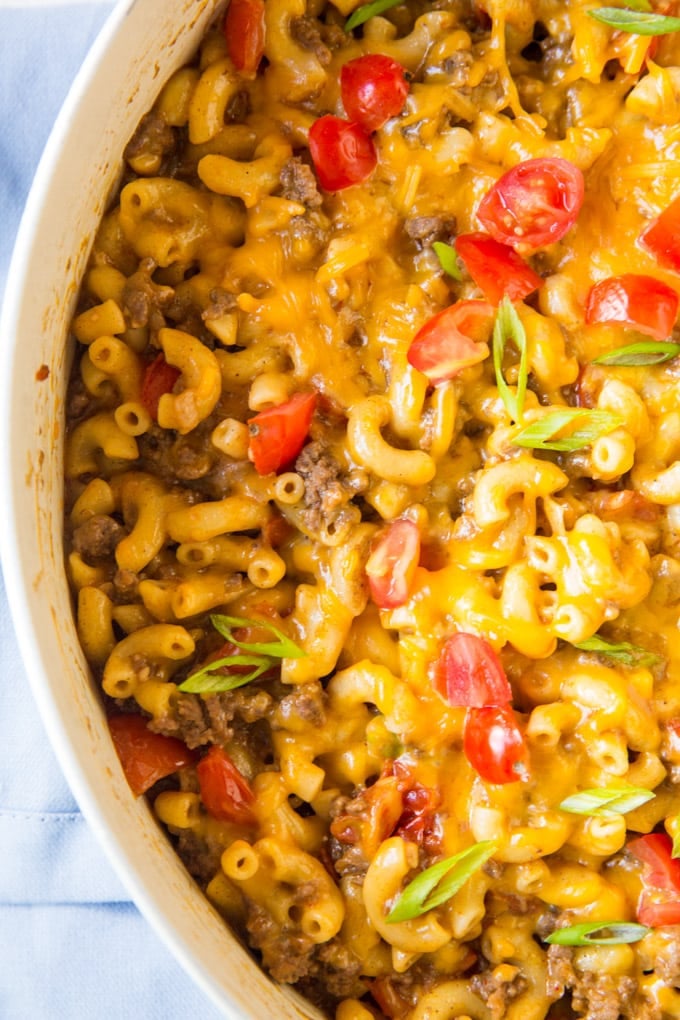 A close up overhead shot of a pot of taco mac and cheese