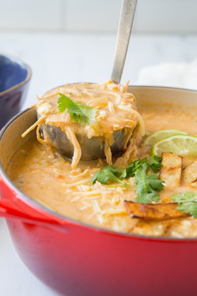 A side view of a ladle lifting out a serving of chicken enchilada soup