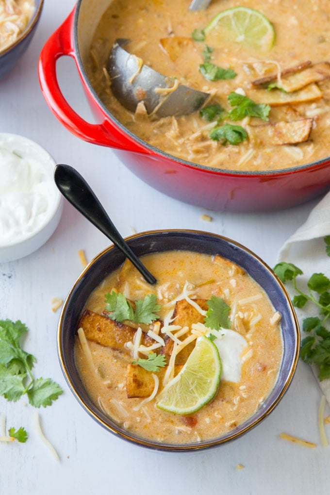 An overhead shot with a bowl of enchilada soup, and the pot of soup is also visible.